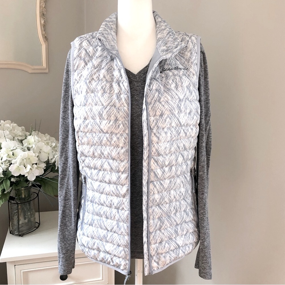 Eddie Bauer EB650 80% Down Womens Lightweight Front Zip Vest. Blue & White Sz XS